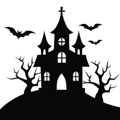 Silhouette of a spooky halloween haunted house with bats and bare trees on a hill