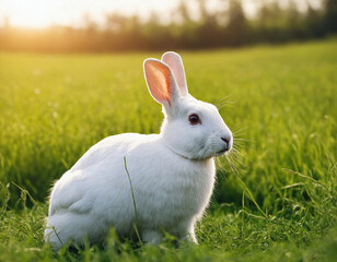 White rabbit in the green meadow.