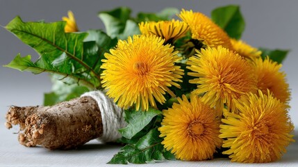 Dandelion root and vibrant yellow flowers showcasing natural detoxifying properties
