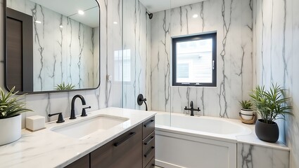 Elegant Modern Bathroom Interior with Marble Accents and Natural Light