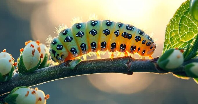 Close-up of a colorful caterpillar crawling on a twig in golden sunlight.