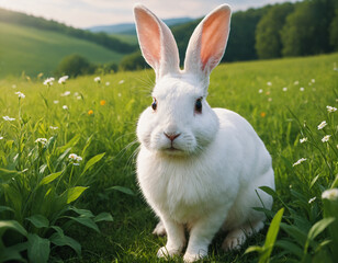 White rabbit in the green meadow.