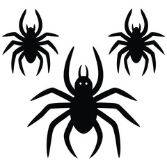 Silhouettes of three spiders in a simple black and white illustration for halloween