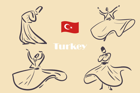 Set line drawing of dervishes, turkish traditions, hand drawn vector illustration.