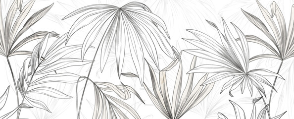 Black and white tropical art background with exotic tree leaves and line art elements. Botanical banner for decor, print, textile, poster, wallpaper, packaging, interior design. © VectorART