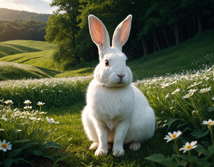 White rabbit in the green meadow.