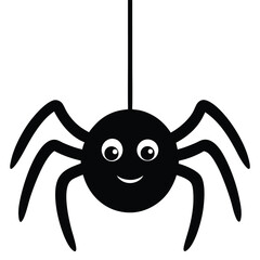 Smiling cartoon spider hanging from a web strand black and white illustration for halloween