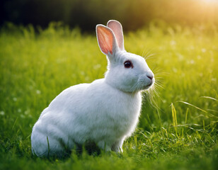 White rabbit in the green meadow.
