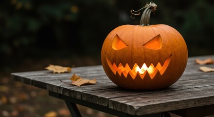Spooky Jack-o'-Lantern Glows on Rustic Tabletop in Autumnal Setting
