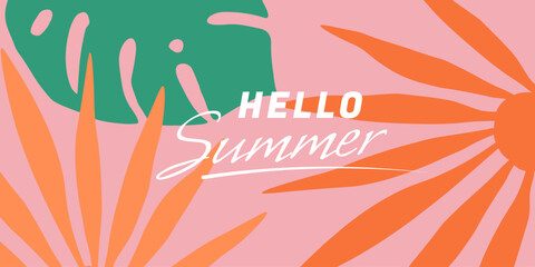Summer tropical vector banner. Colorful minimalist design background for poster, invitation, discount and cover with tropical leaves.