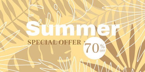 Beige summer sale banner with tropical leaves and discount text. Botanical season promotion design for poster, card, invitation, discount and cover.
