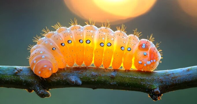 Macro close-up of an orange caterpillar on a twig in the soft light of sunset.