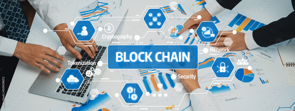 Poster collaborative business meeting on blockchain technology with charts, diagrams, and hands on a laptop