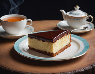 A piece of cake on a plate and a cup of tea.