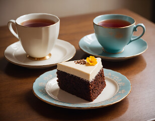 A piece of cake on a plate and a cup of tea.