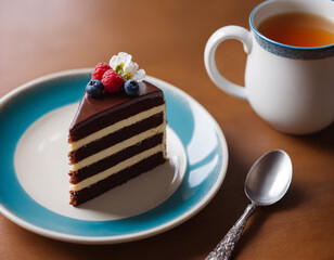 A piece of cake on a plate and a cup of tea.