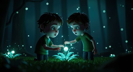 Enchanted encounter, twin brothers discover luminous plant in mystic forest