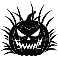Spooky halloween pumpkin with a grinning face and sharp blades of grass in a vector illustration