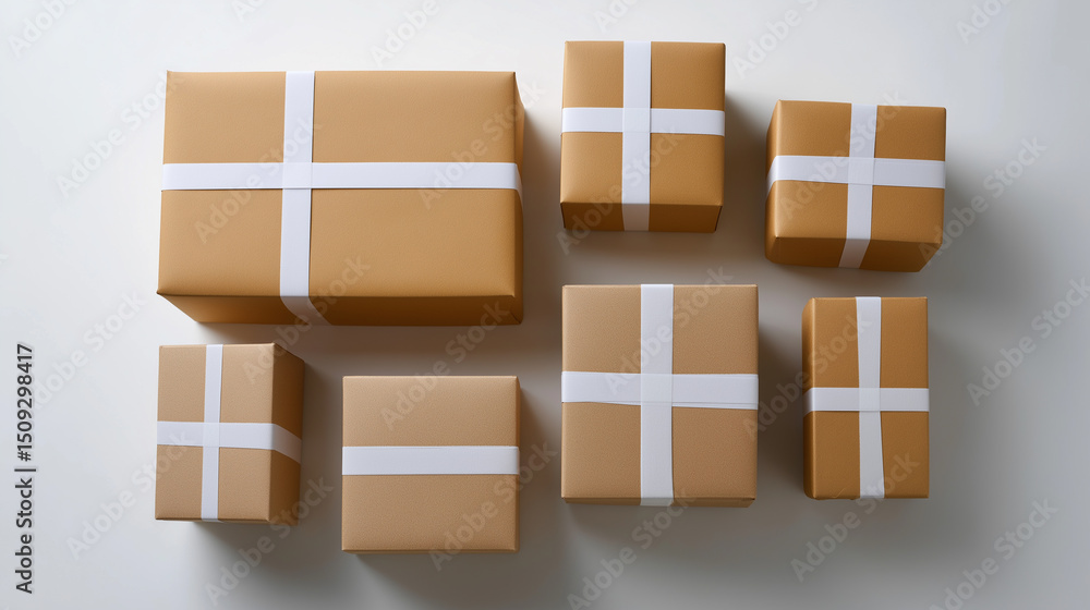 Poster top view of eight neatly wrapped cardboard boxes in brown paper with white ribbons, arranged in rows