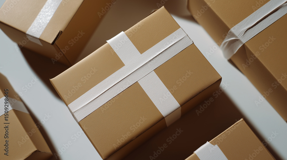 Poster top view of eight neatly wrapped cardboard boxes in brown paper with white ribbons, arranged in rows