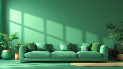 Monochromatic minimalist interior with green sofa and plant life in studio setting