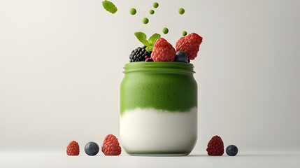 Matcha chia pudding with fresh berries in a glass jar