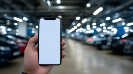 Fototapeta na wymiar Close-up of a hand holding a smartphone with blank white screen in an underground parking lot with blurred cars in background. 