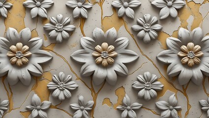 Elegant floral relief on cracked marble, subtle golden veins design elements