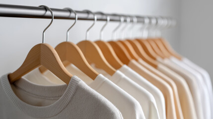 Fototapeta premium Row of neutral-toned t-shirts hanging on wooden hangers in a minimalist, well-organized wardrobe. 
