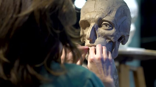 Clay artist deeply focused on crafting lifelike ecorche head sculpture. Masterful demonstration of anatomical knowledge through sculptural practice.