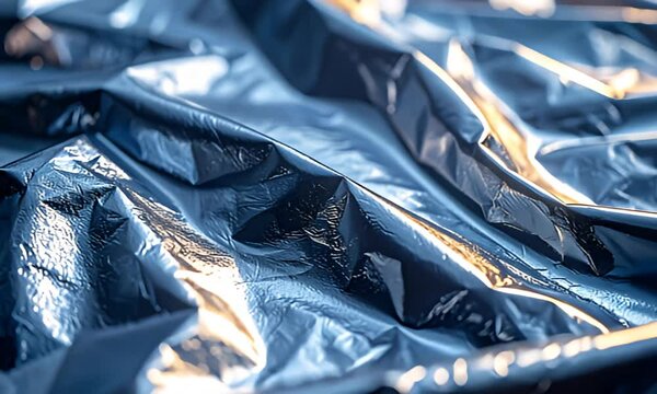 Crinkled, reflective dark blue material catches light