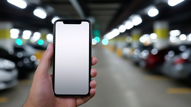 Close-up of a hand holding a smartphone with blank white screen in an underground parking lot with blurred cars in background.
