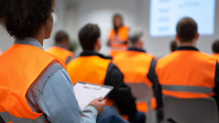 Group of workers wearing orange safety vests attending a training session or safety presentation in an industrial setting.
