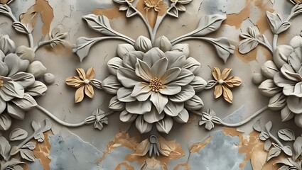 Intricate floral plasterwork with distressed textures and antique charm