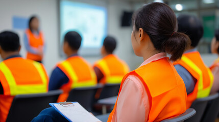 Group of workers wearing orange safety vests attending a training session or safety presentation in an industrial setting.
