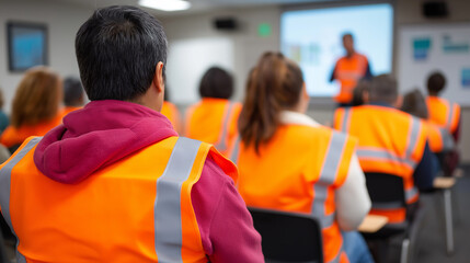 Group of workers wearing orange safety vests attending a training session or safety presentation in an industrial setting.
