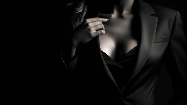 Film Noir Aesthetic: Woman's Hand Adjusts Suit Over Lingerie, D&eacute;colletage Focus. Cinematic Power Fashion, Dark Mysterious Animation, 4K Video Footage.