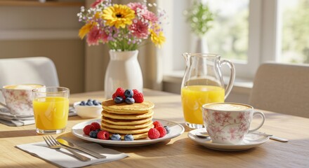 Delicious pancakes topped with fresh berries served with orange juice and coffee