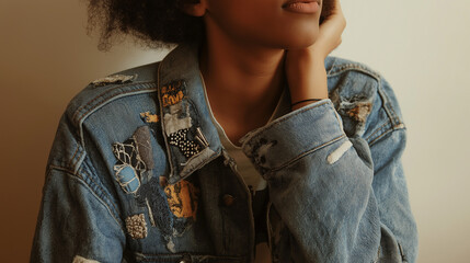 Close-up of a woman wearing a blue denim jacket decorated with various colorful embroidered patches.
