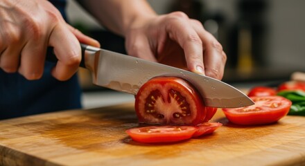 Slicing ripe tomato with chef's knife on wooden cutting board in kitchen