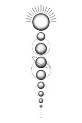 Dotwork solar system tattoo design, PNG with transparent background