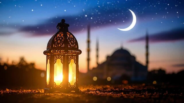 Lentera dengan latar belakang masjid dan bulan sabit