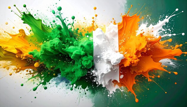 flag of Ireland, illustrated with a splash of green, white, and orange paint. The colors blend together, creating a vivid and energetic depiction of the flag.