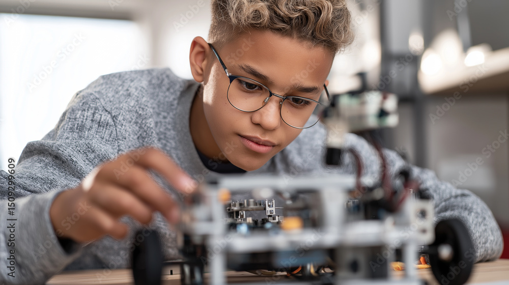 Poster focused young boy working on a wheeled robot project, assembling components and learning robotics in