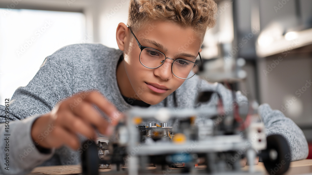 Poster focused young boy working on a wheeled robot project, assembling components and learning robotics in