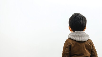 Photo of a 5-year-old boy with short black hair wearing a dark brown winter jacket, captured from a low back angle against a clean white background...