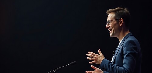 Confident businessman delivering a passionate speech at a conference stage