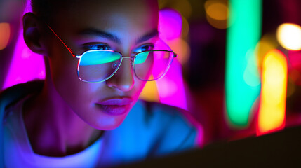 Close-up of a young woman wearing glasses, intensely focused on a screen, with vibrant neon lighting in the background.

