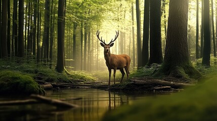A serene deer stands quietly in the heart of the forest, blending gracefully with nature’s calm and beauty...