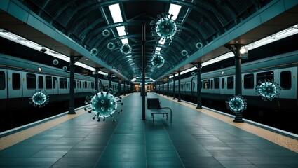 Fototapeta premium black themed floating virus concept train station background, awareness poster
